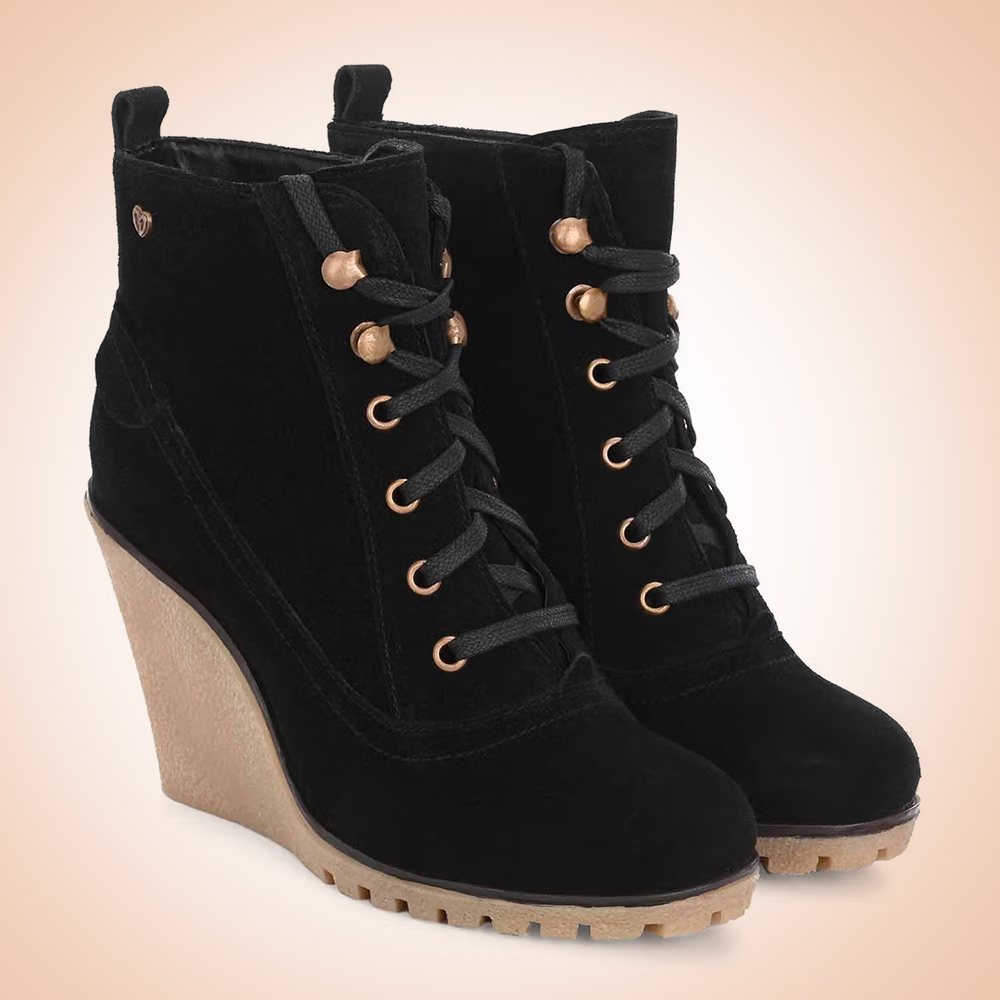 Delize Black Suede Round Toe High Top Casual Boots