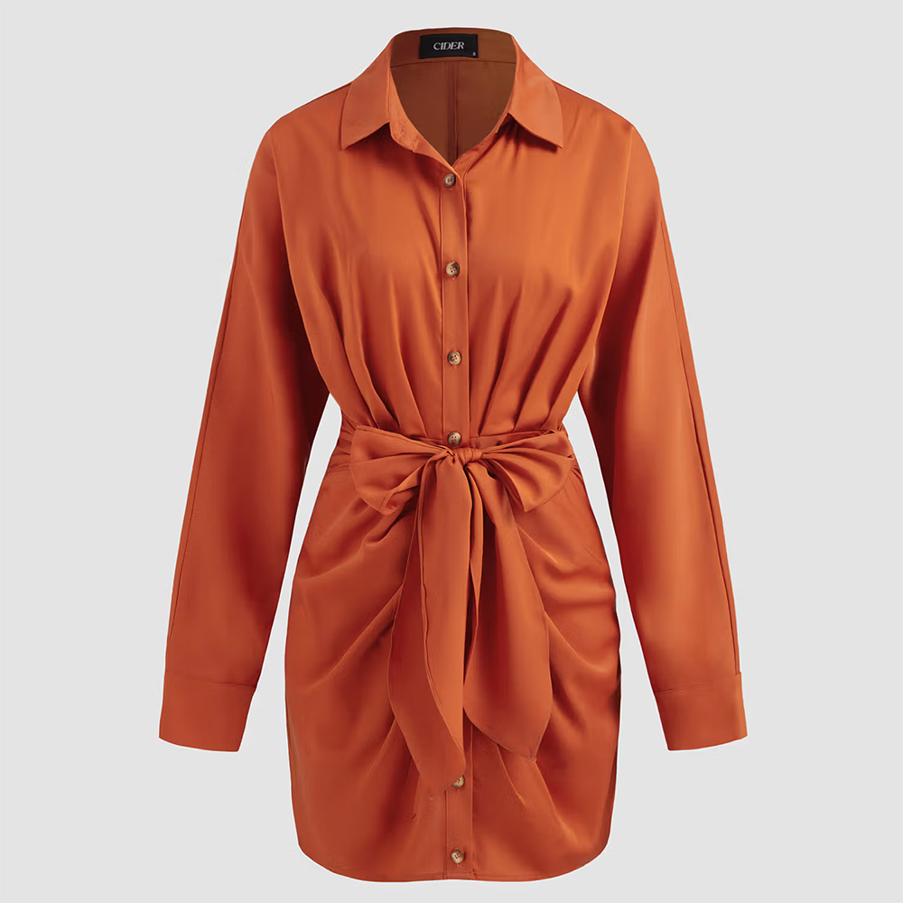 Collar Solid Button Knotted Mini Shirt Dress