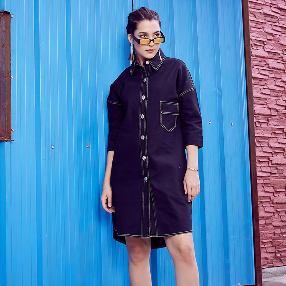 Blue Shirt Collar Pure Cotton Shirt Dress