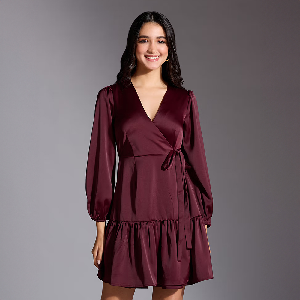 Twenty Dresses by Nykaa Fashion Wine Solid V Neck Full Sleeves Wrap Mini Satin Dress