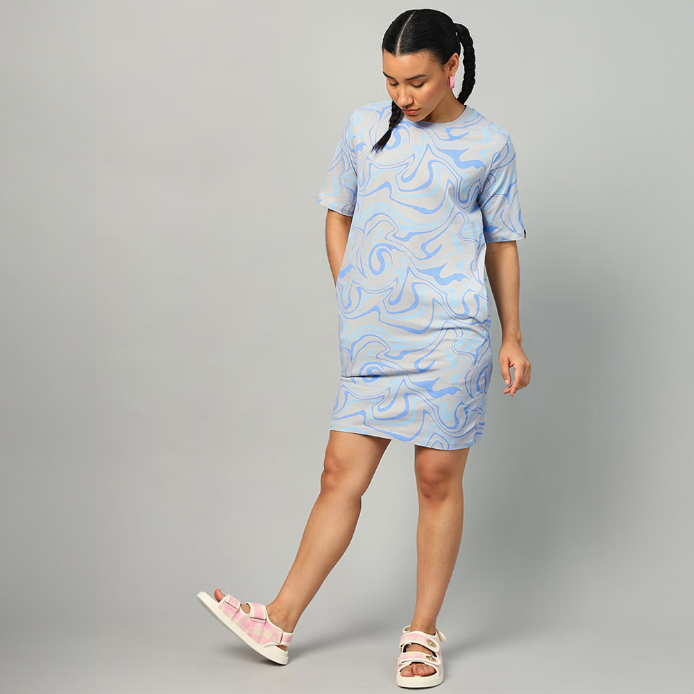 Bewakoof Women's Blue & Grey All Over Printed Oversized T-Shirt Dress