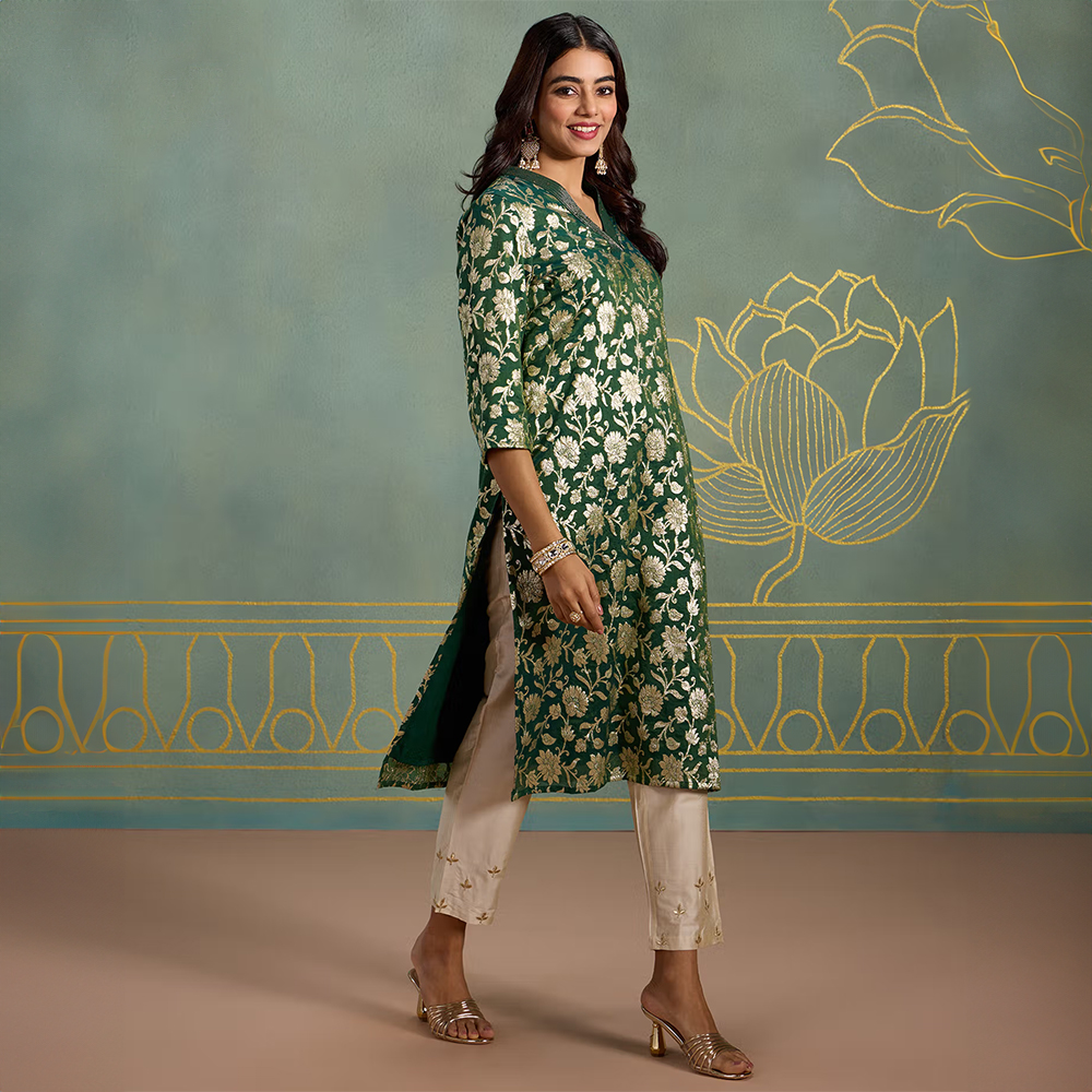 Brocade Straight Green Kurta with Sequins Work