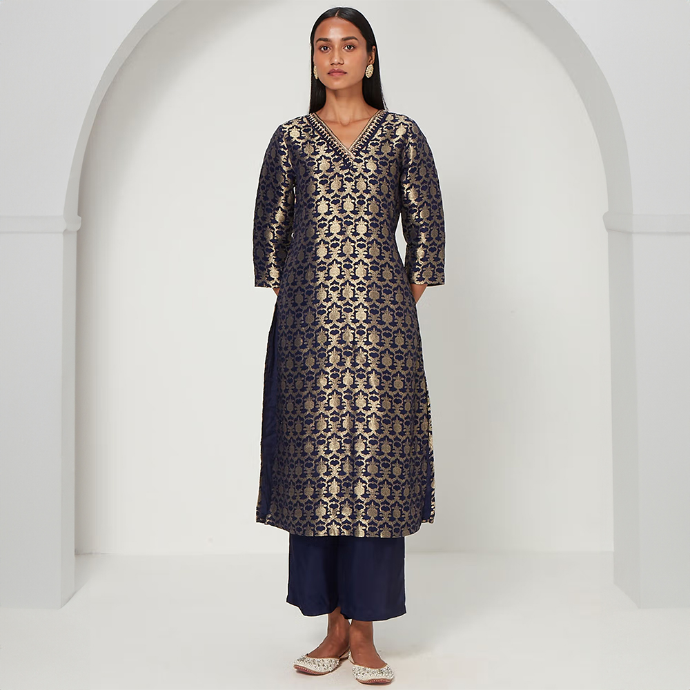 Kaashi Navy Blue Brocade Kurta