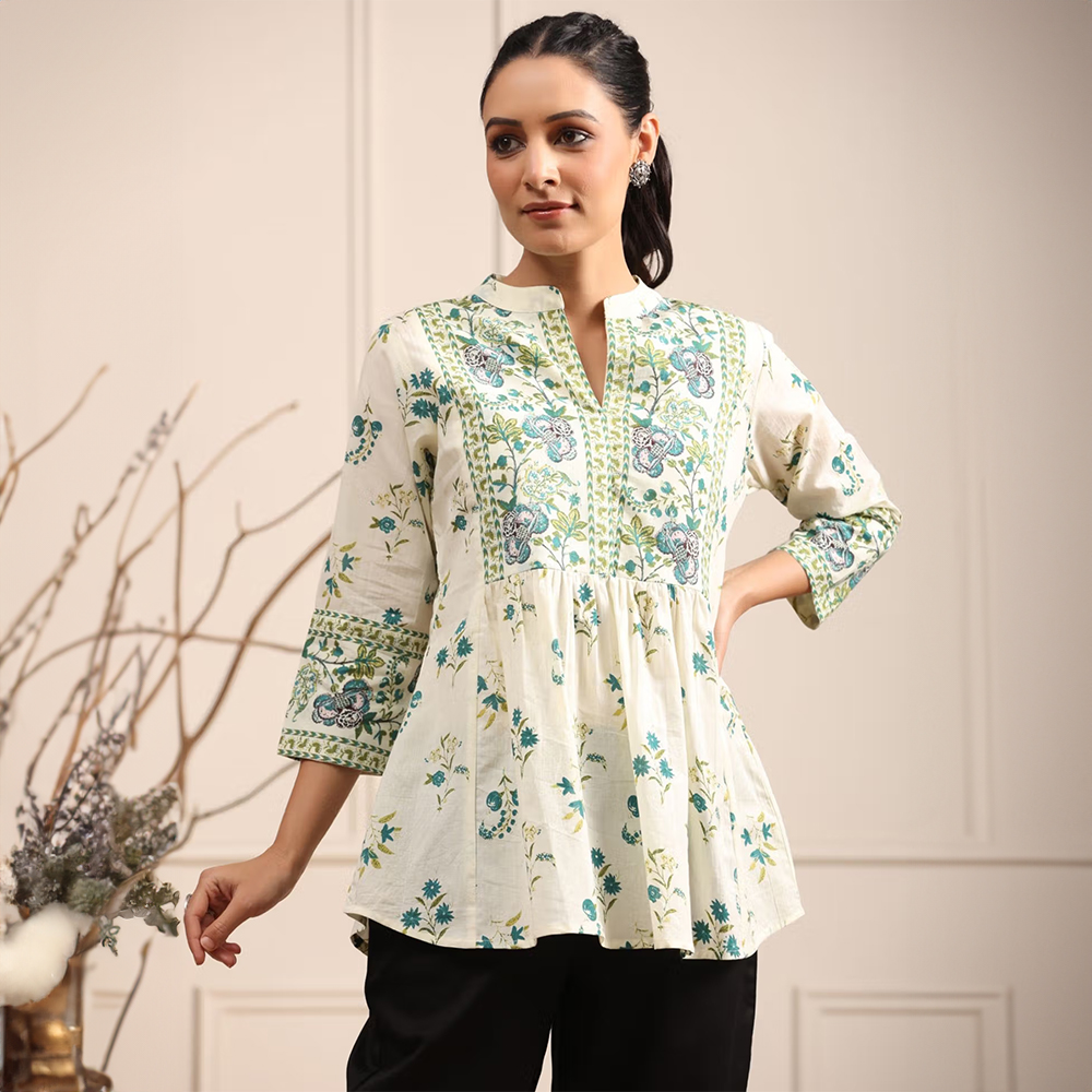 Women Cream and Green Floral Printed Pure Cotton Mandarin Collar Kurti