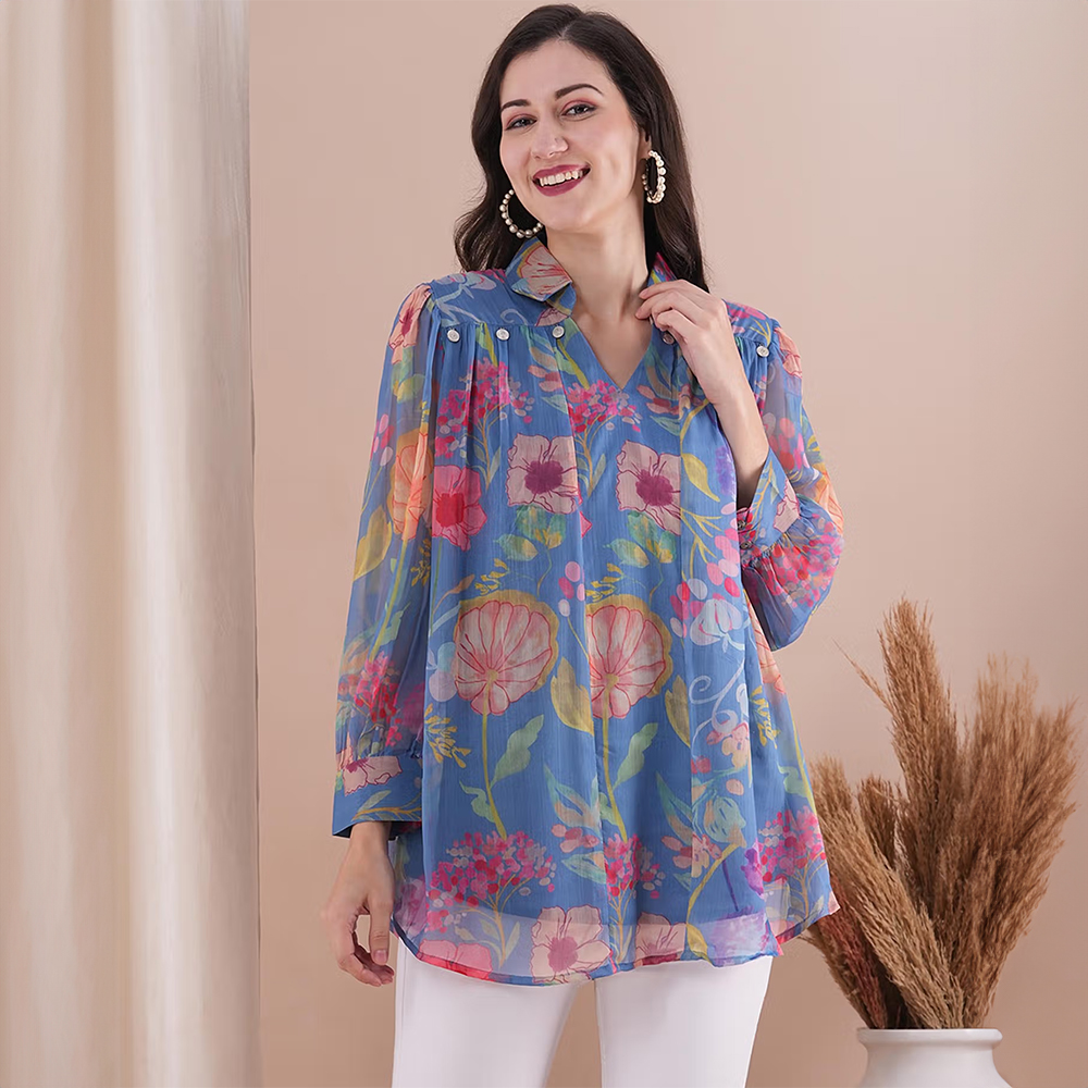 Blue Floral Printed A-Line Short Kurti