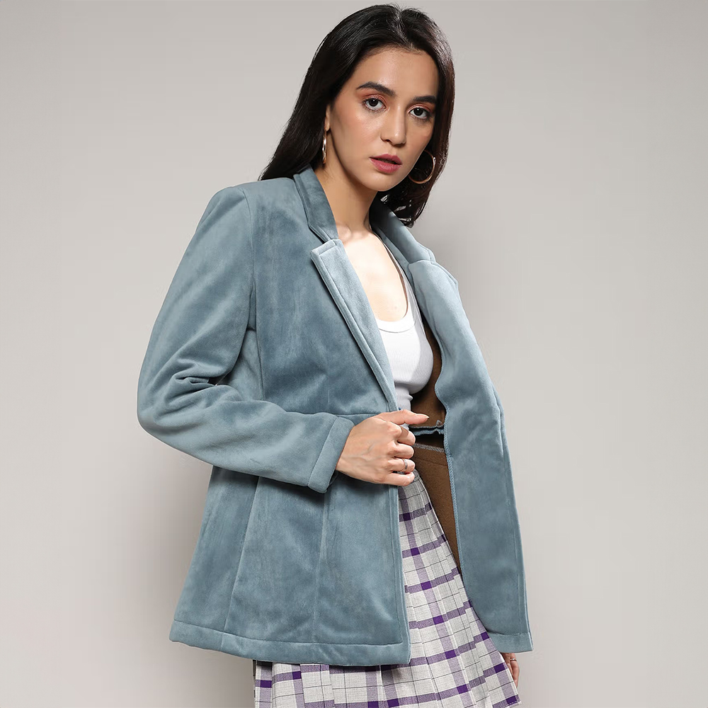 Women Prussian Blue Structured Single-Breasted Blazer