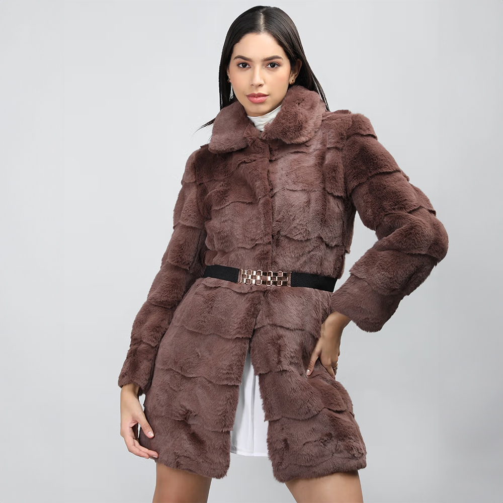 Women Dark Brown Solid Winter Wear Single Breasted Coat