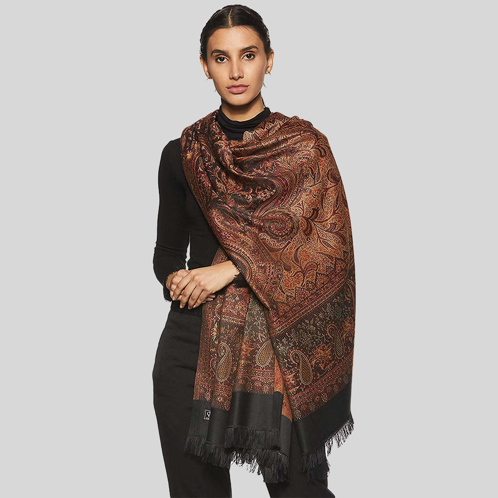 Black Pashmina Wool Patterned Shawl