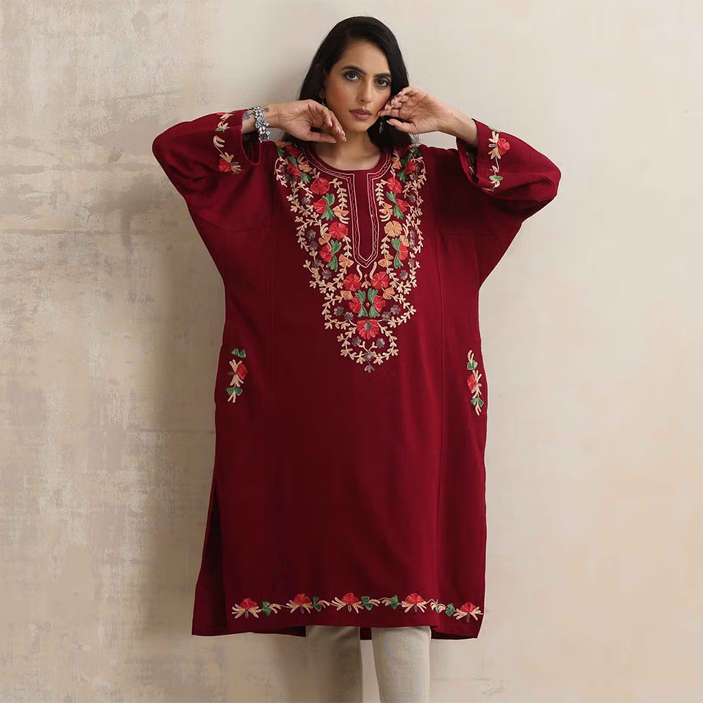 Maroon Kashmiri Embroidered Woolen Phiran Kurta