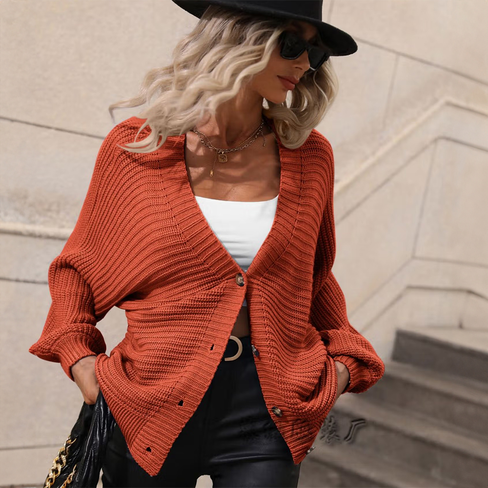 Rust Solid Knitted Loose Women Cardigan