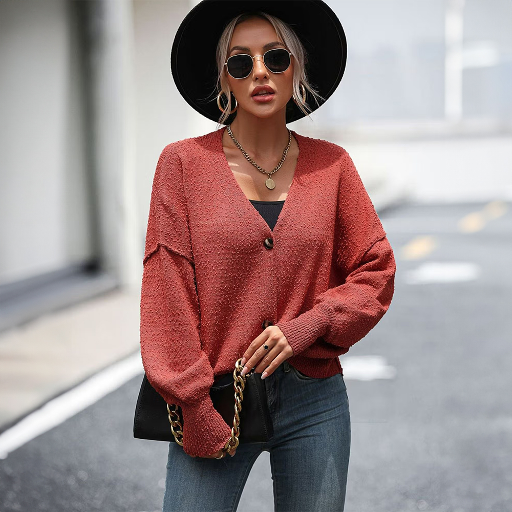 Rust V-Neck Button Solid Color Knitted Cardigan for Women