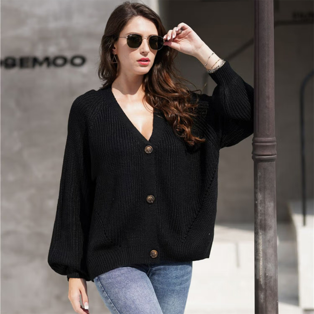 Black Solid Button V-Neck Sweater Warm Outer Cardigan for Women