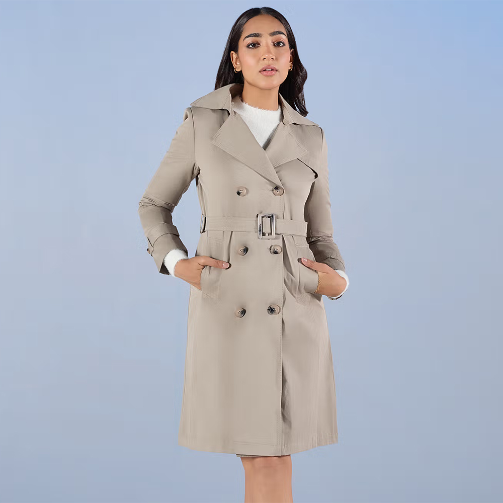 Grey Solid Double Breasted Knee Length Trench Coat