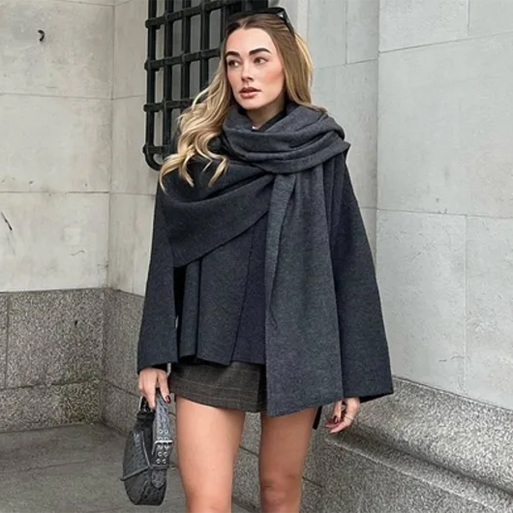 Dark Grey Attached Scarf Coat