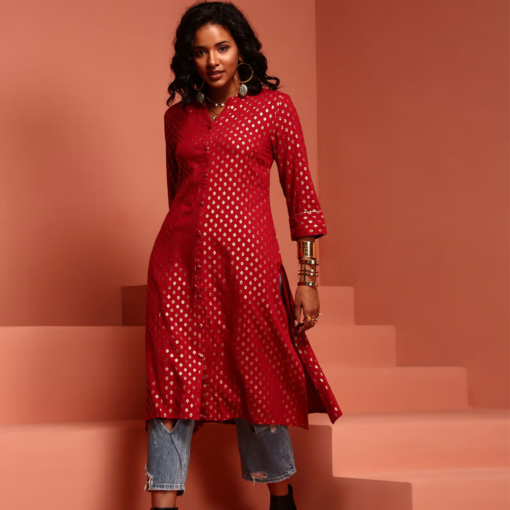 Red Printed Asymmetric Kurta