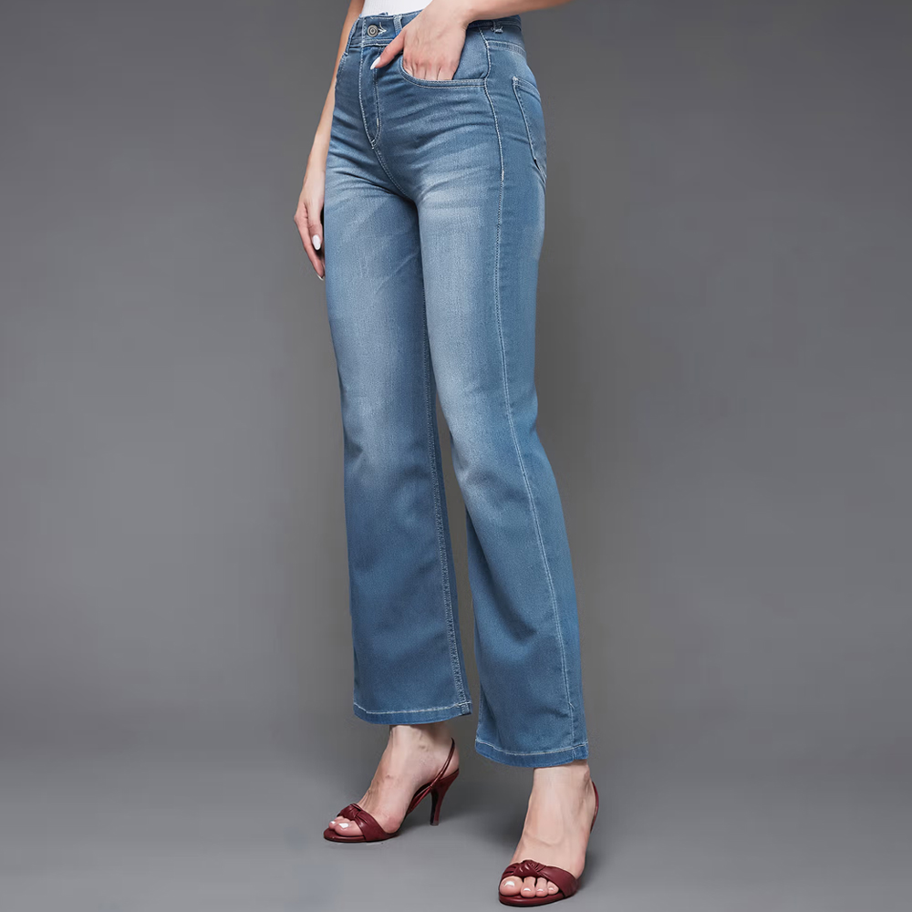 Women's Light Blue Wide-Leg Mid Rise Blast Effect Light Weight Denim