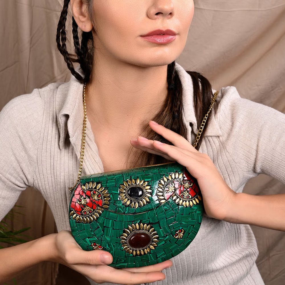 Oval Shape Metal Green Tinted Ethnic Clutch