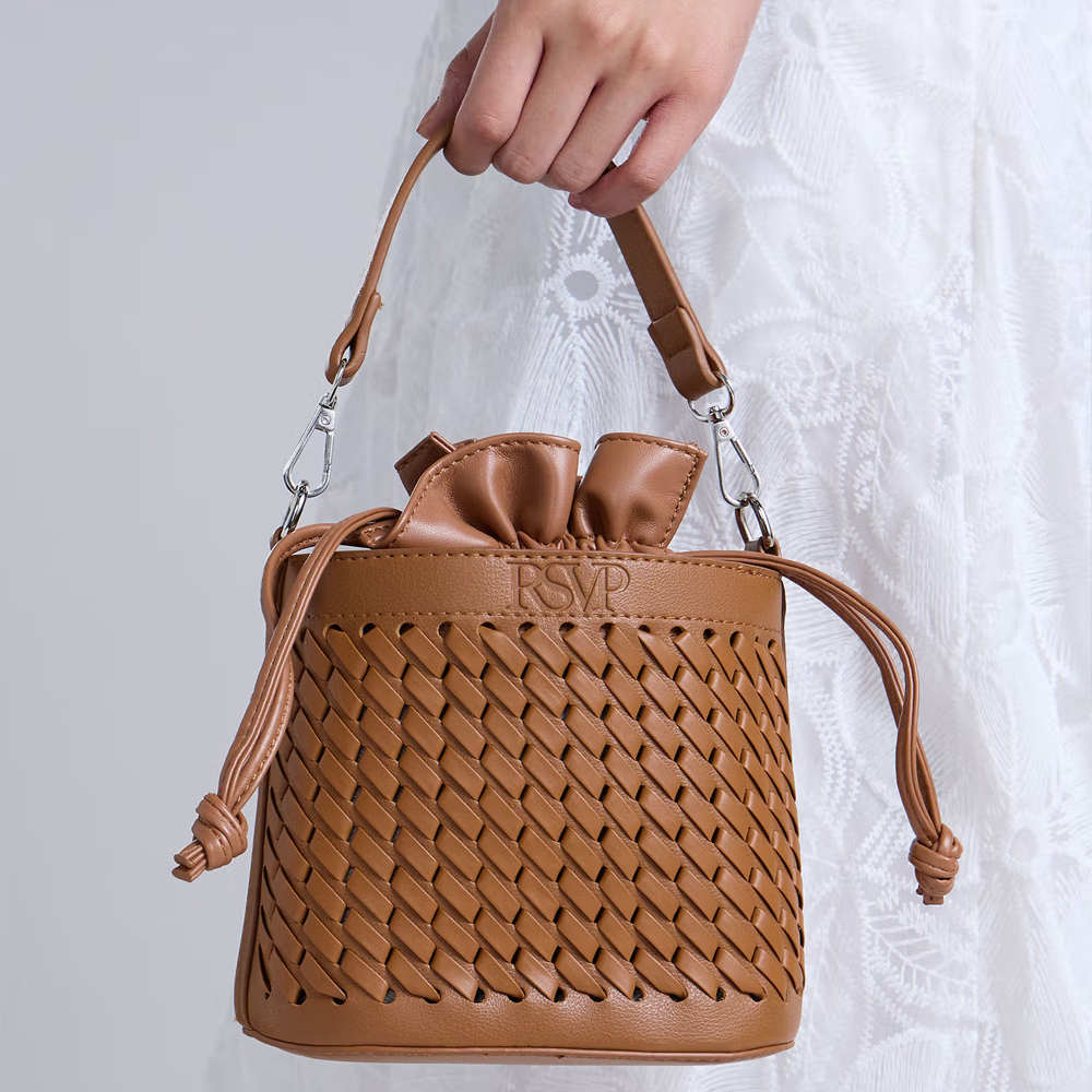 Brown Solid Woven Drawstring Bucket Bag