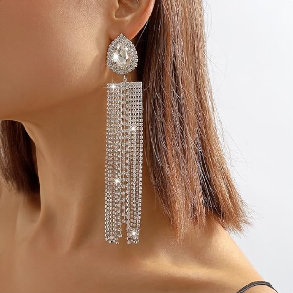 Silver White Crystal Tassel Long Drop Earrings for Women