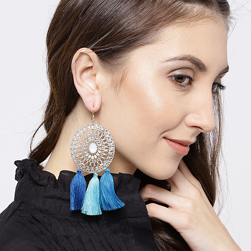 Silver Toned And Blue Tassel Earrings