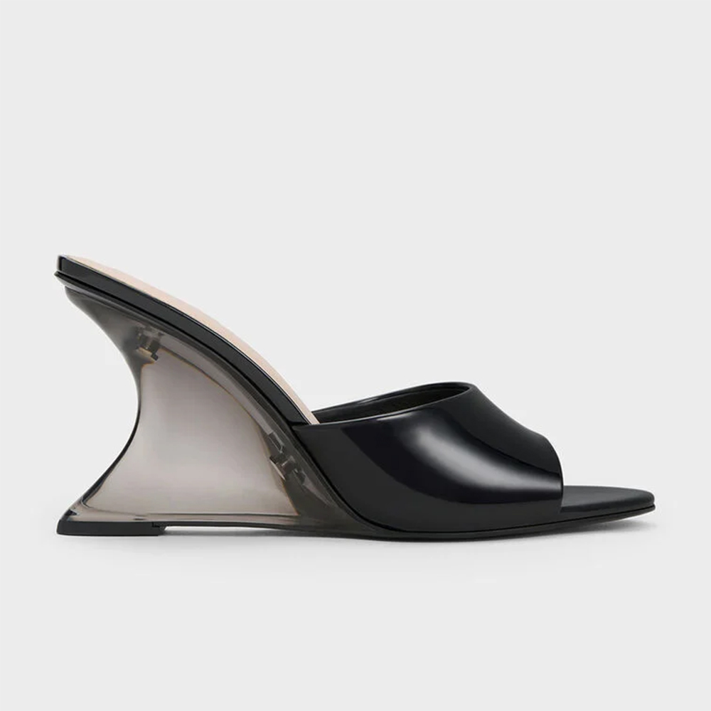 Charles & Keith Patent Sculptural Heel Wedges - Black Patent