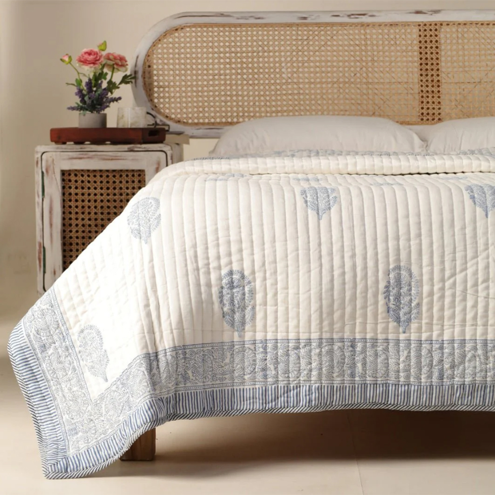 Cotton Quilt Handprinted In A Floral Pattern | Single Bed Size