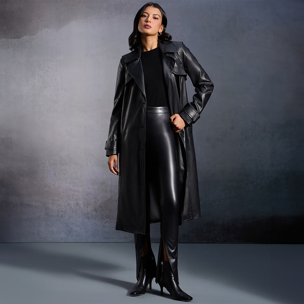 RSVP by Nykaa Fashion Black Solid Lapel Collar Knee Length Leather Overcoat