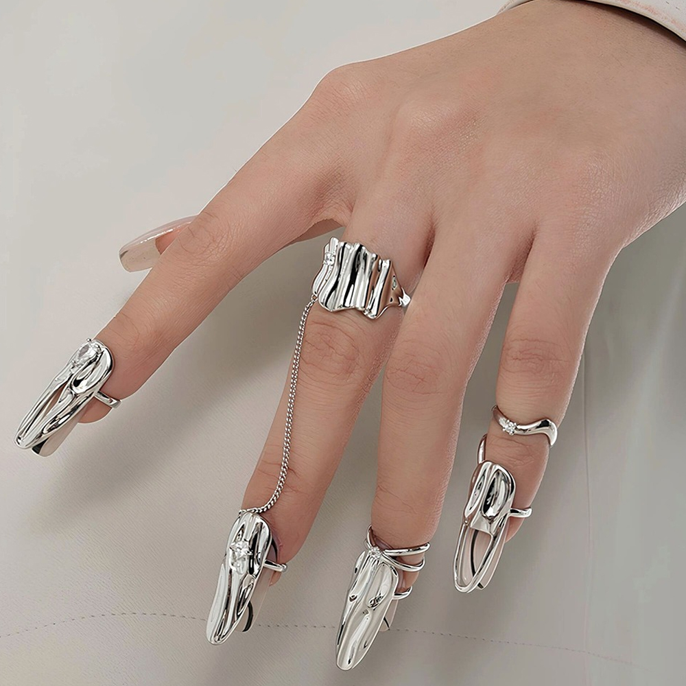 Premium Rings – Cyberpunk Silver Nail Rings – Set of 5