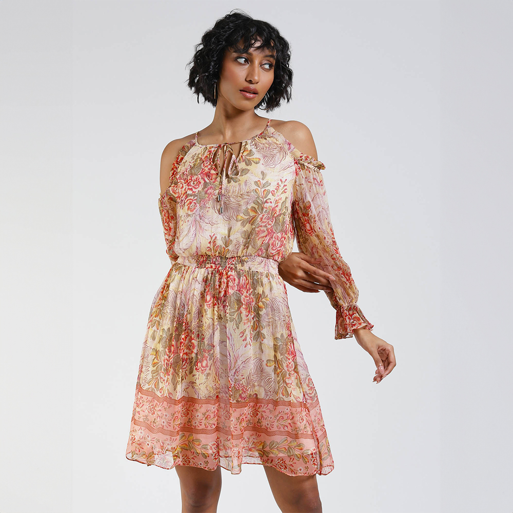Label Ritu Kumar Peach Floral Print Cold Shoulder Short Dress
