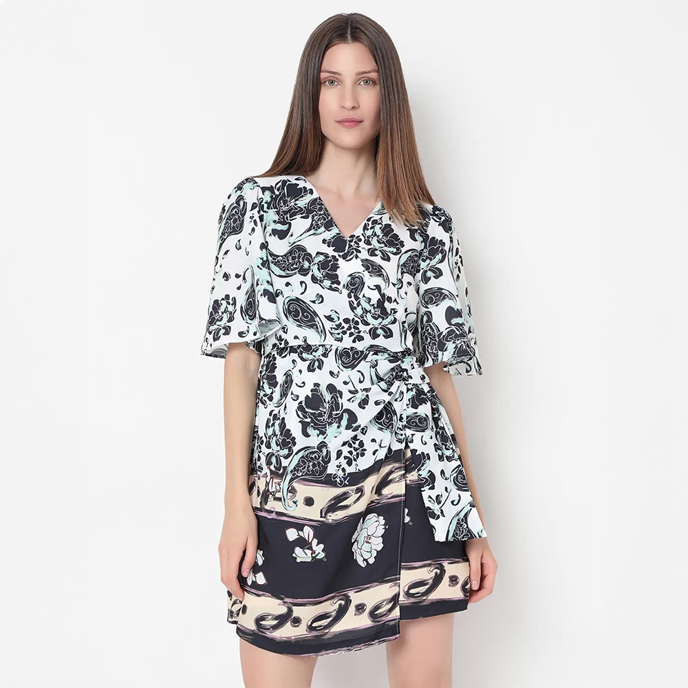 VERO MODA Black and White Printed Wrap Dress