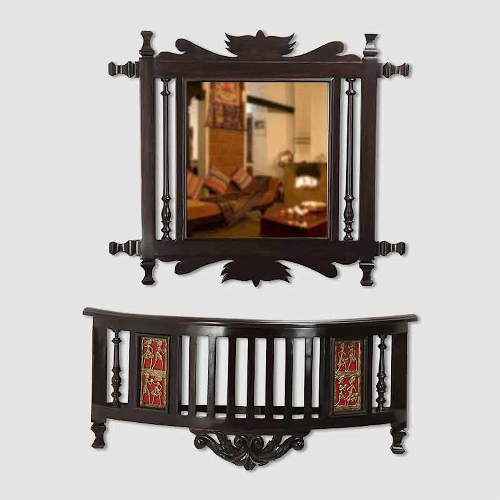 Kiara-II Teakwood Wall mirror with matching Wall Shelf in Walnut Finish