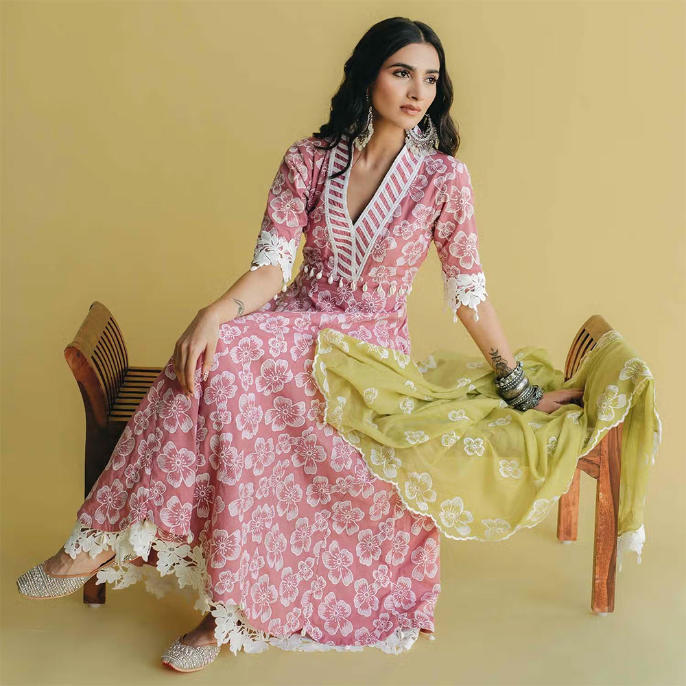 Old Marigold Meher Pink Cotton Floral Anarkali Kurta