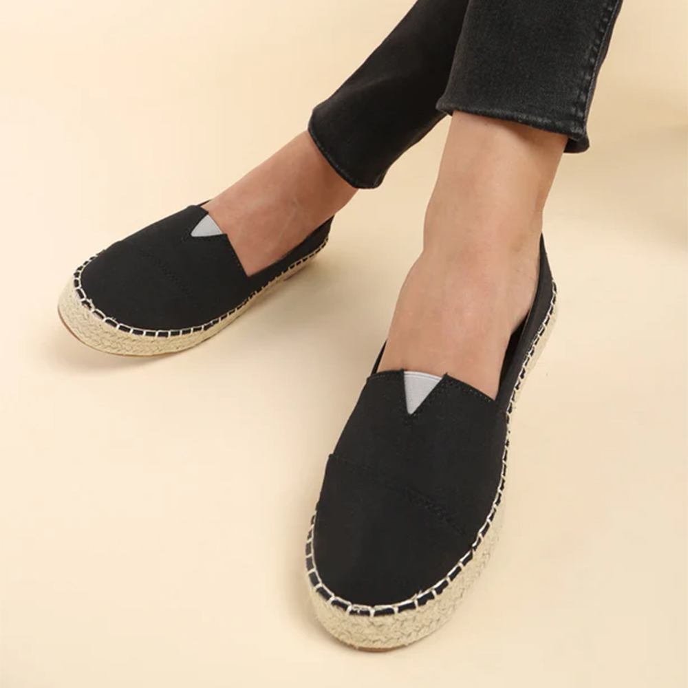 Truffle Collection Black Canvas Espadrille With Contrast Jute Sole Loafers