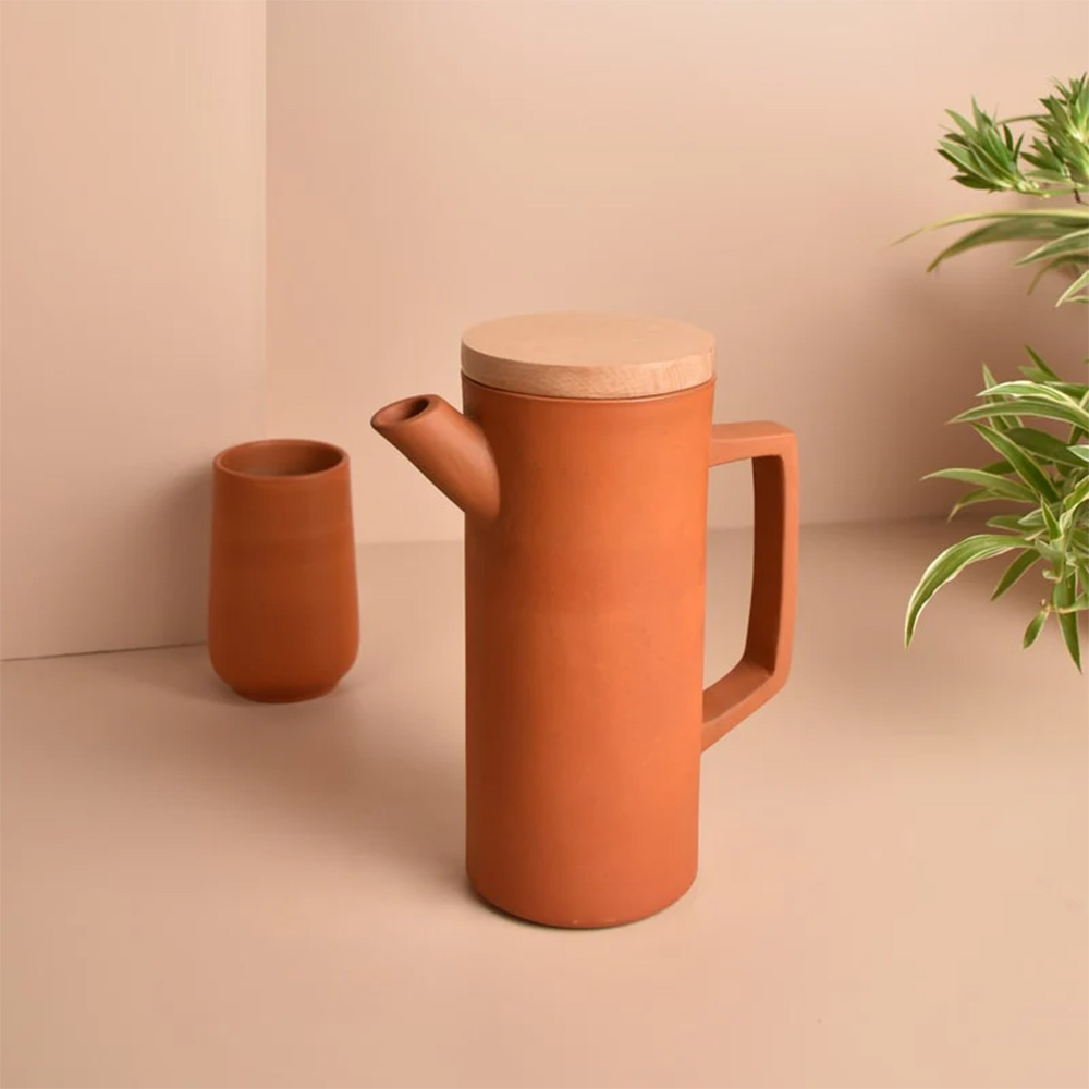 Minimal, Sleek & contemporary HandmadeTerracotta Clay Jug/Pitcher for your Home/Dinning Table top - from Earthen collection -1 litre with Wooden lid