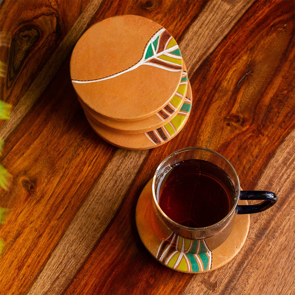 ExclusiveLane 'Shades of a Leaf' Hand-Painted Terracotta Coasters (Set of 4)