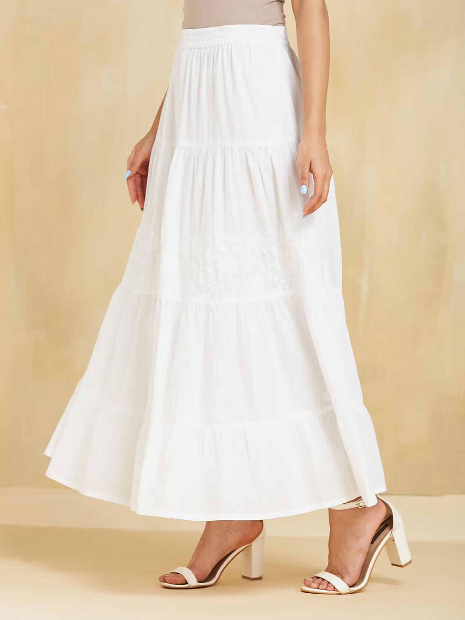 Fabindia White Cotton Chikankari Maxi Skirt
