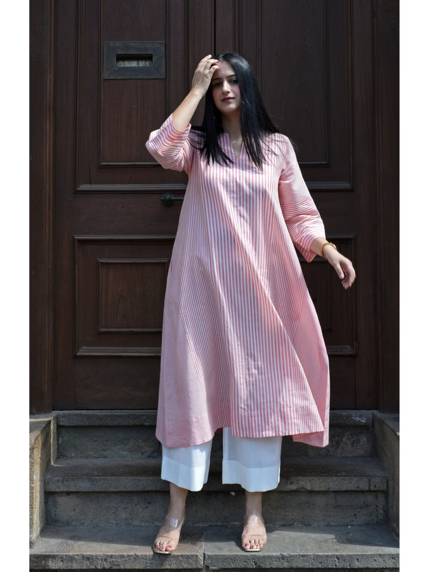 House Of Moxa Coral Stripe A Line Kurta In Handwoven Cotton