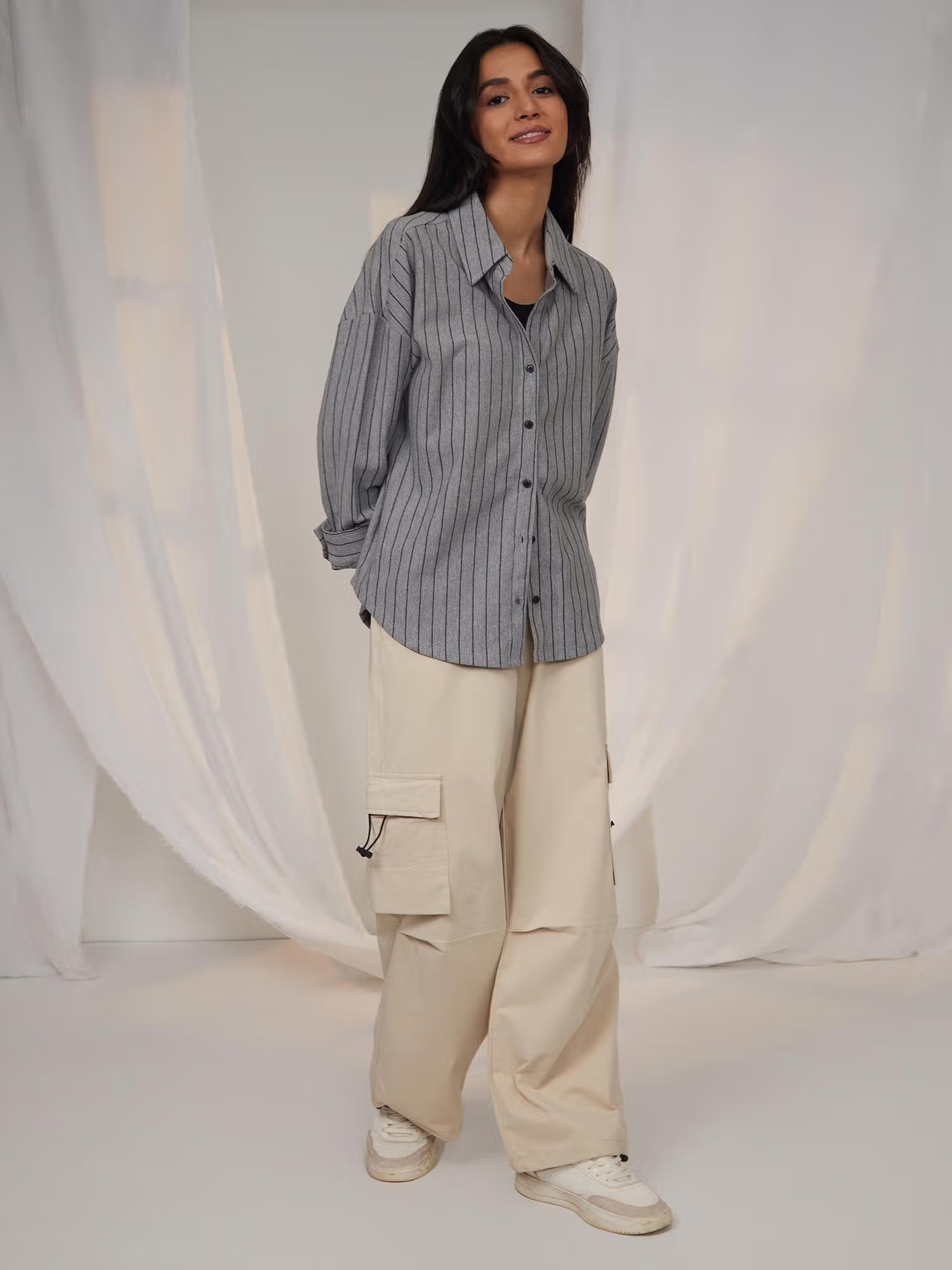 Pinacolada Women's Moon Grey Oversized Pin Striped Shirt