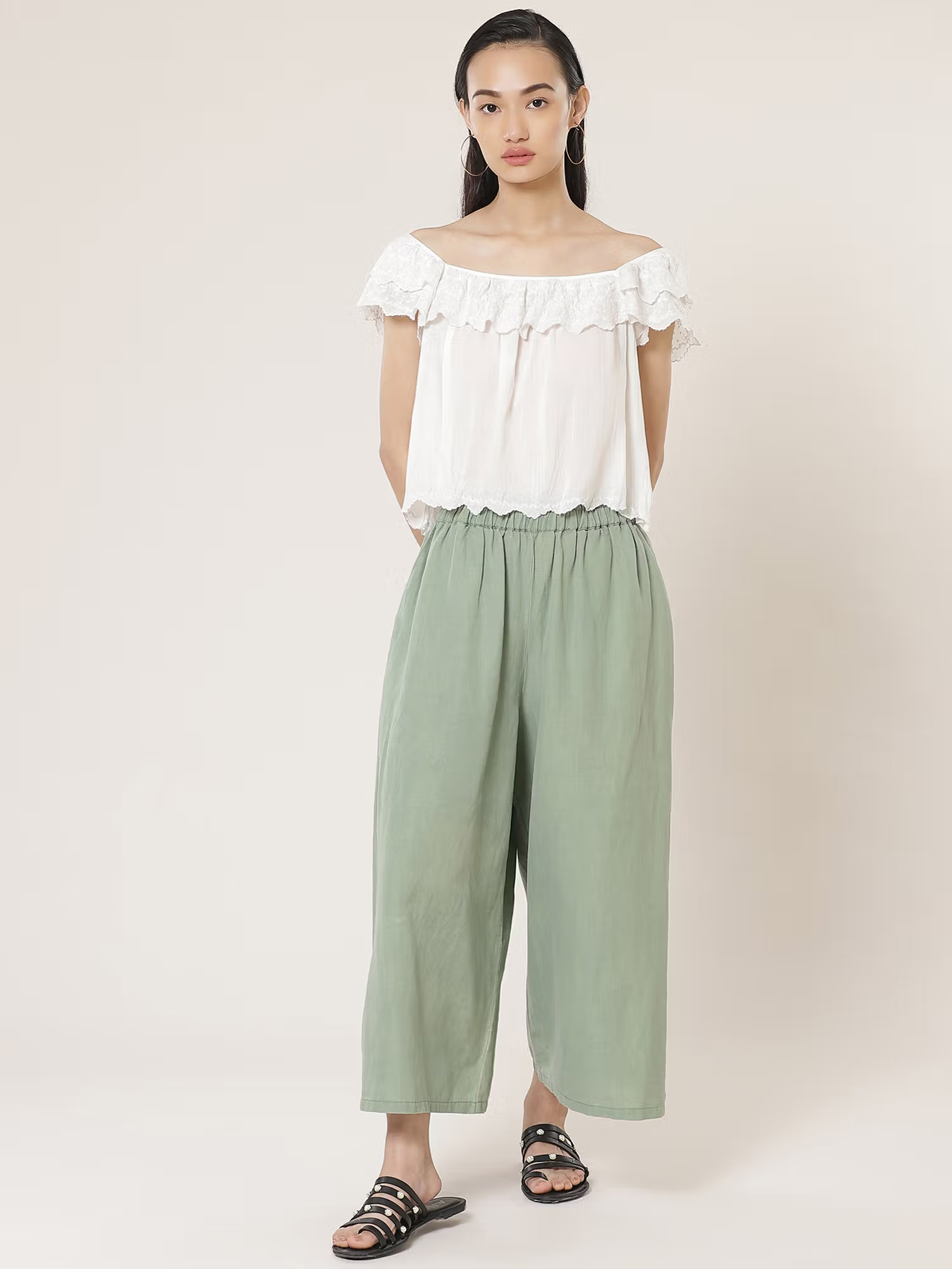 Label Ritu Kumar Off Shoulder Solid Embroidered Short Top
