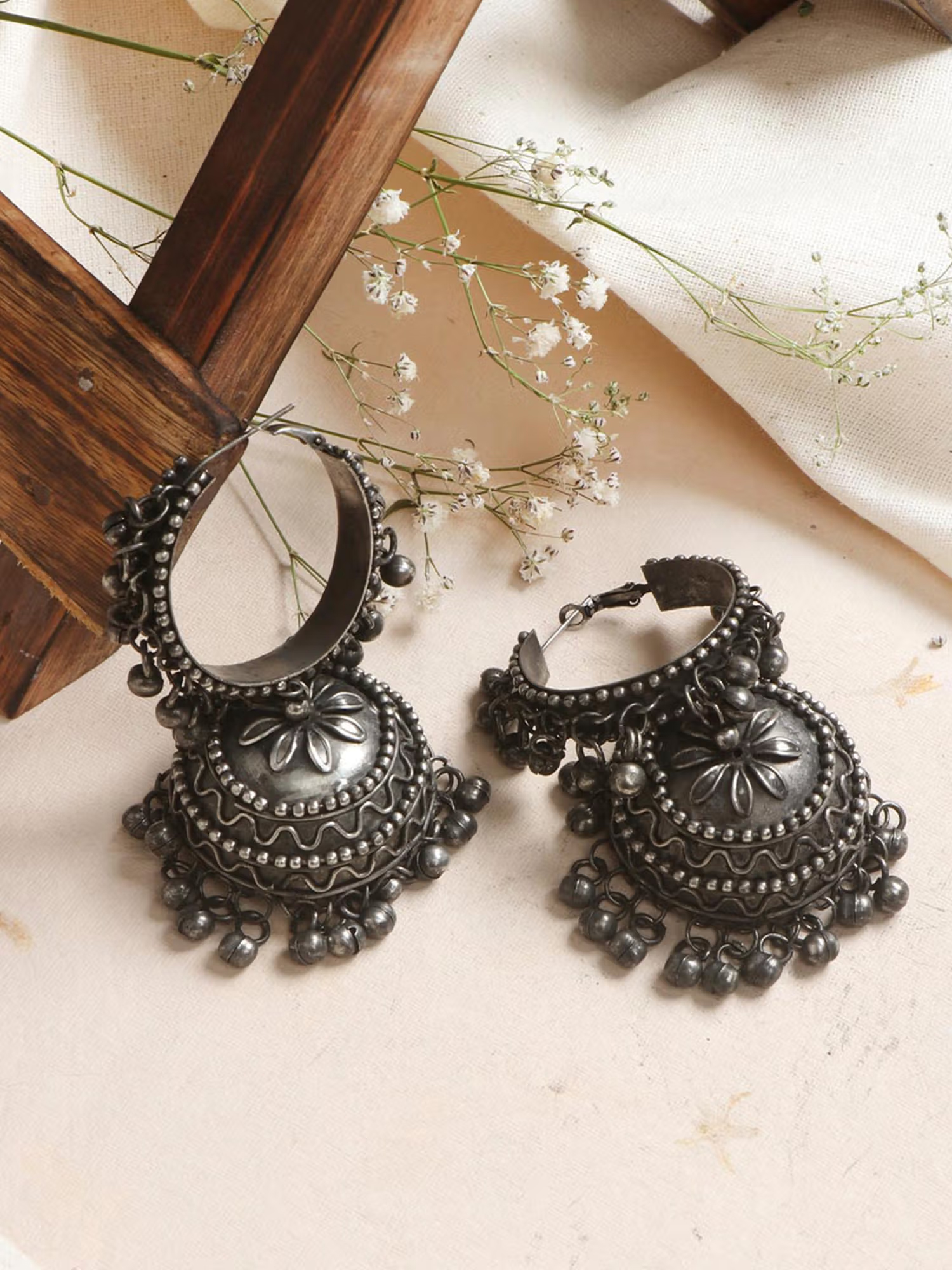 Teejh by Joker & Witch Rabya Silver Oxidised Jhumkis