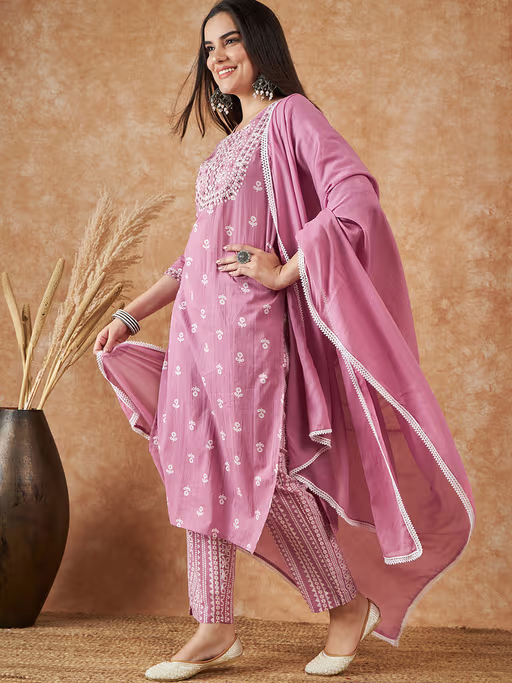 Women Pink Floral Cotton Kurta with Trouser & Dupatta (Set of 3)