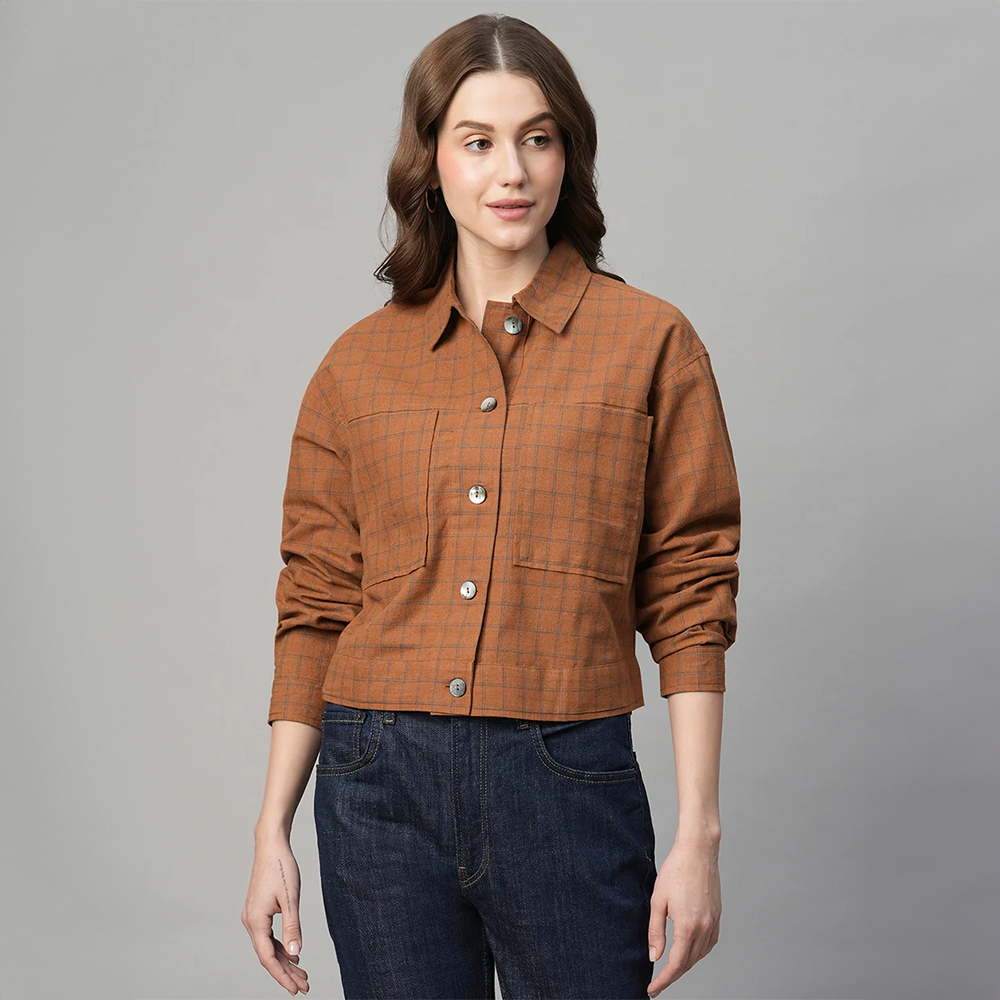 Women's Rust Cotton Linen Regular Fit Jacket