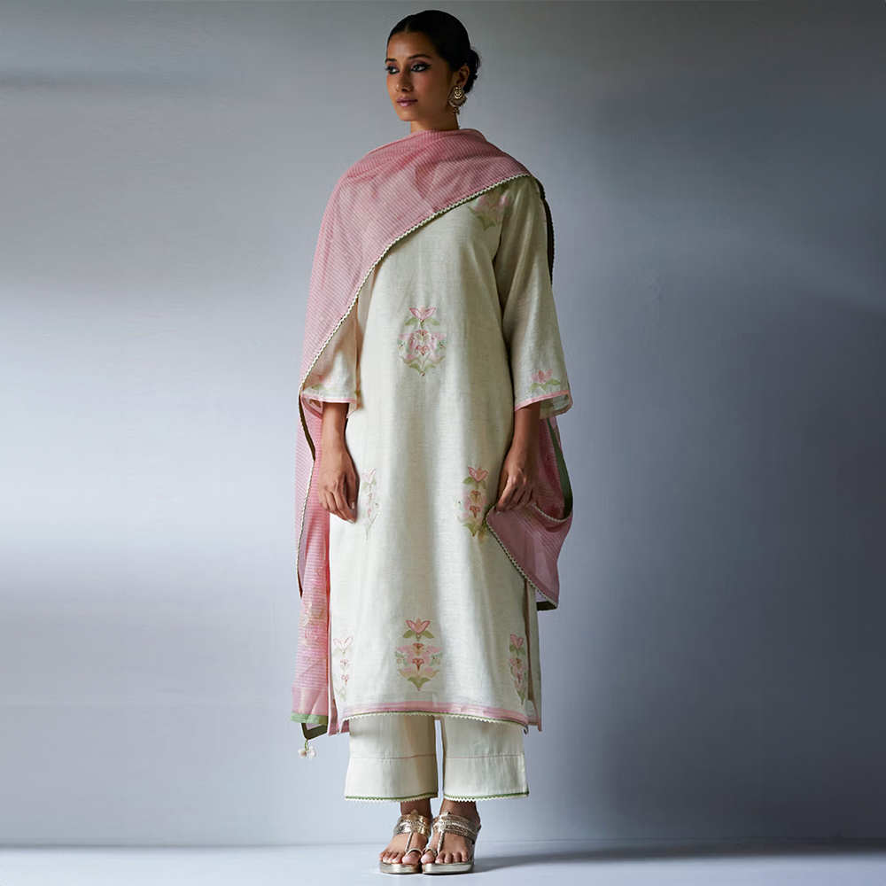 Ganga Fashions Birch Cream Woven Kurta Suit with Hand Work Detailing (Set of 3)