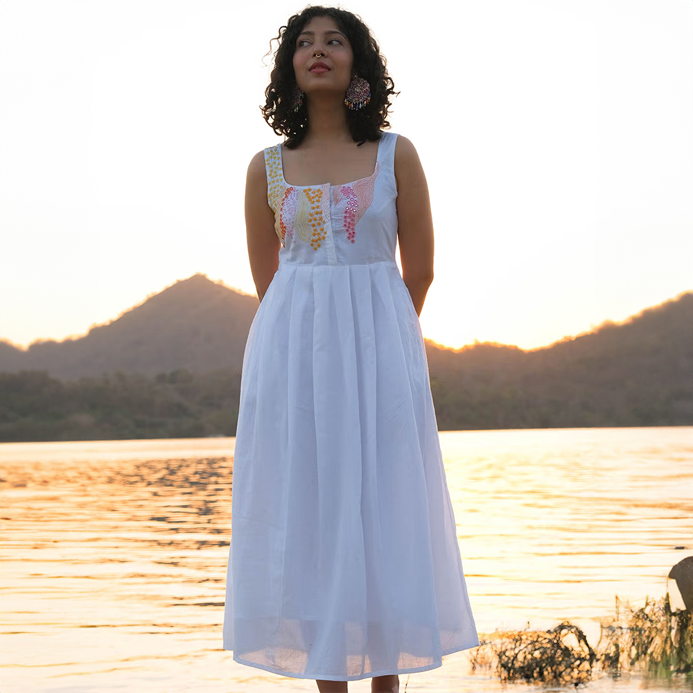 Okhai Merge Pure Cotton Hand Embroidered Mirror Work Dress