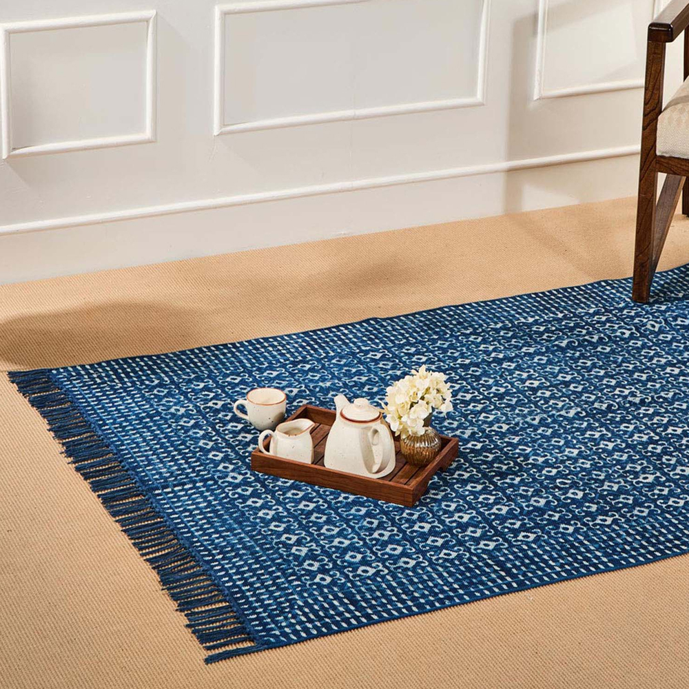 Fabindia Blue Cotton Blend Printed Dhurrie