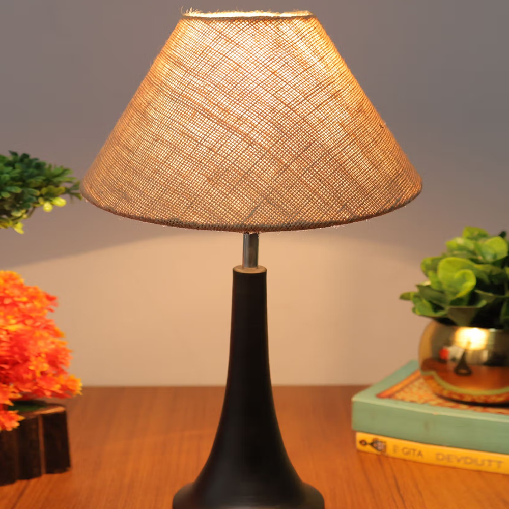 Homesake Black Metal Table Lamp with Fabric Shade - B22 Holder - Cone - Jute Cone