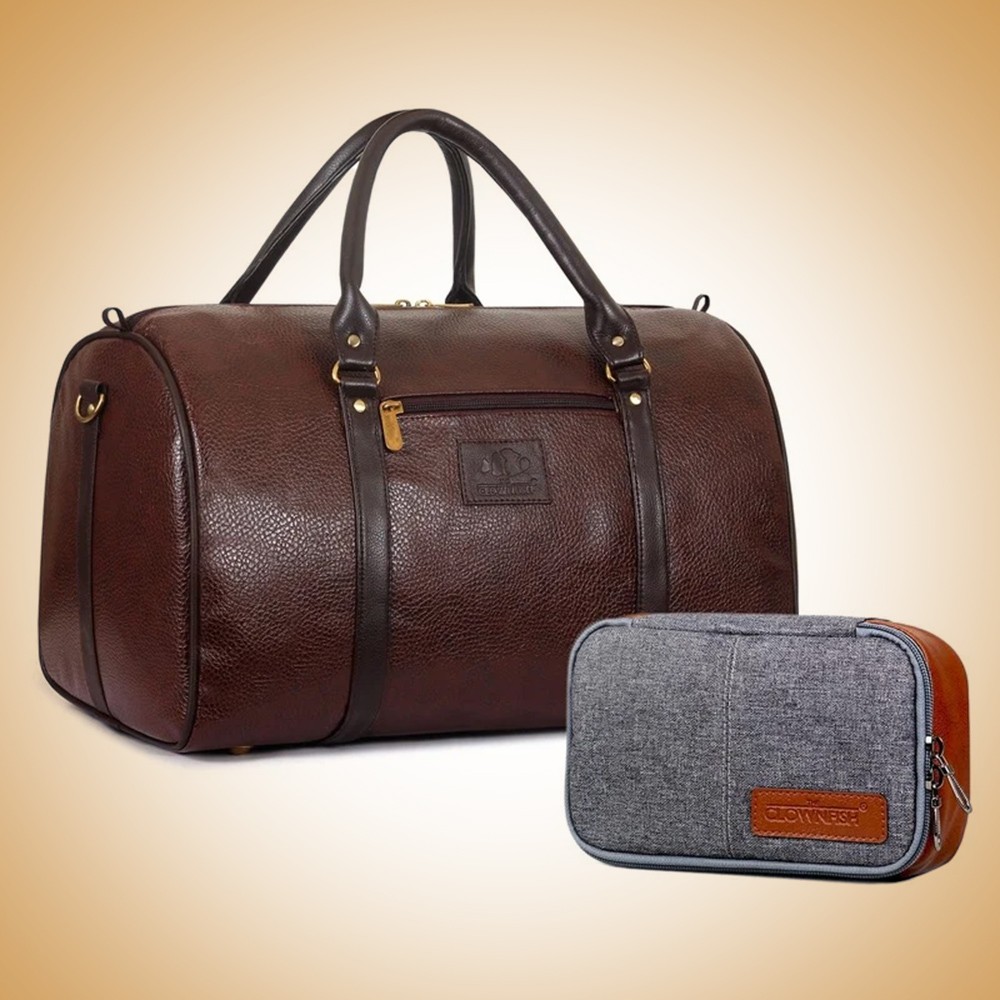 The Combo of Magnum 34 liters Faux Leather Travel Duffle Bag (Chocolate Brown) & The Travel Pouch Toiletry Bag Kit for Men & Women (Grey)