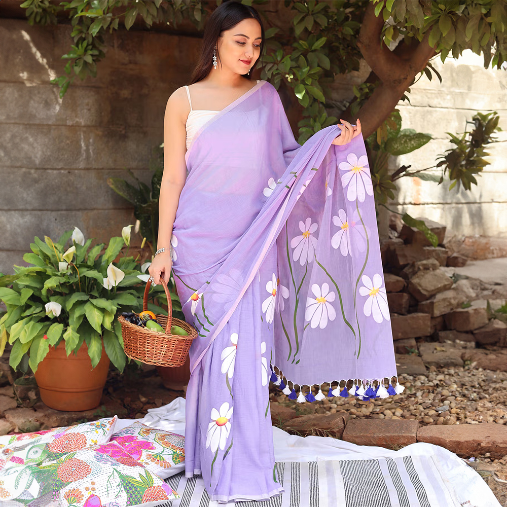 Teejh Blossom Breeze Purple Printed Mulmul Cotton Saree