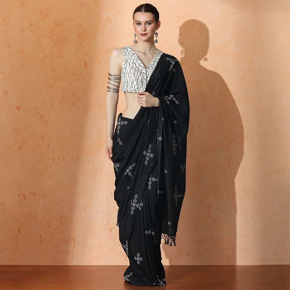 Jaipur Kurti Black Floral Muslin Cotton Saree with Unstitched Blouse with Unstitched