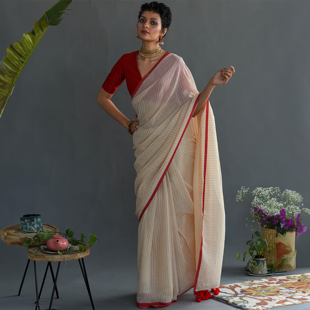 Suta off White Striped Pure Cotton Saree